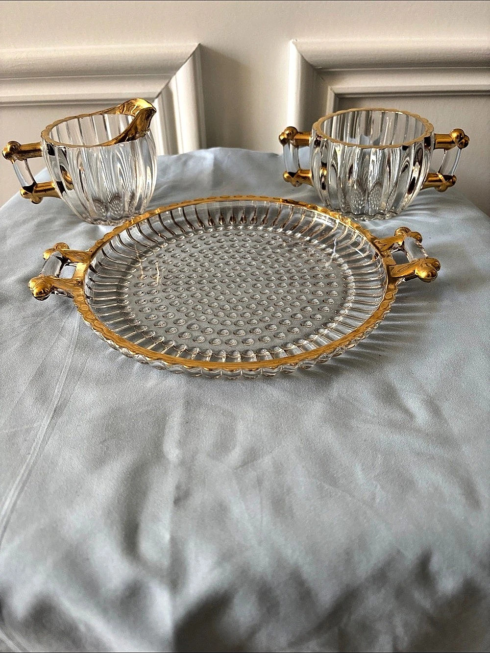 Vintage Jeanette National Clear & Gold Glass Sugar/Creamer Tray Set